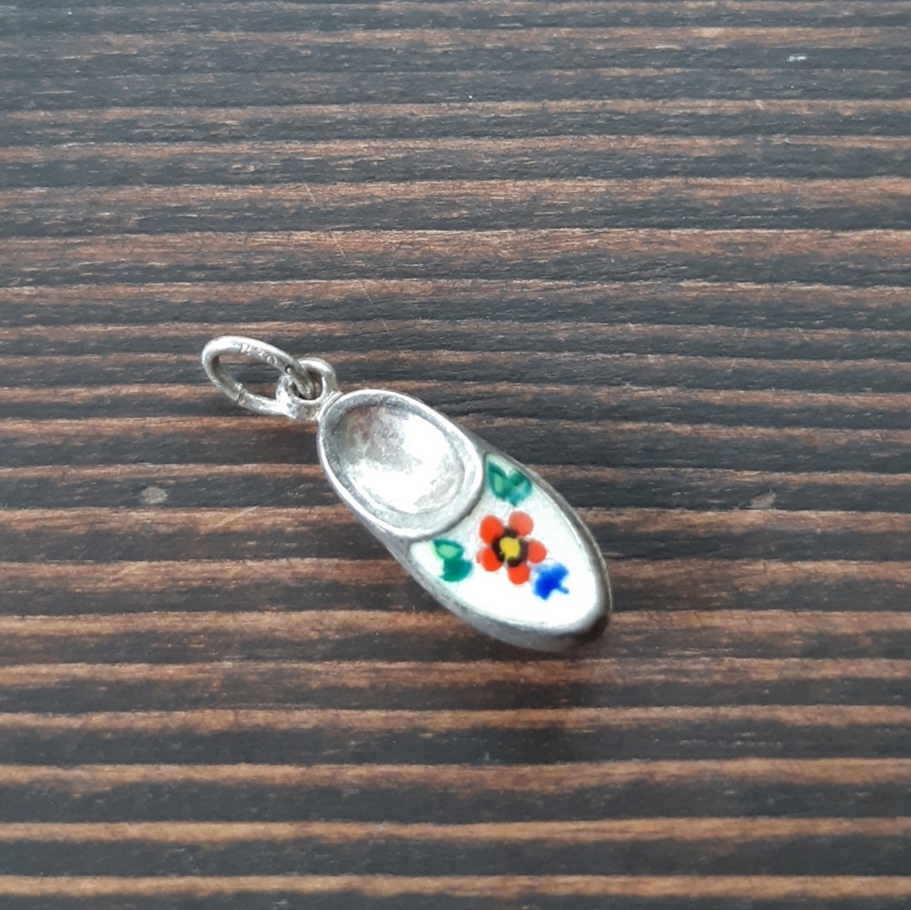 830 Silver Dutch Shoe Guilloche Enamel Charm Pendant with Original Bail